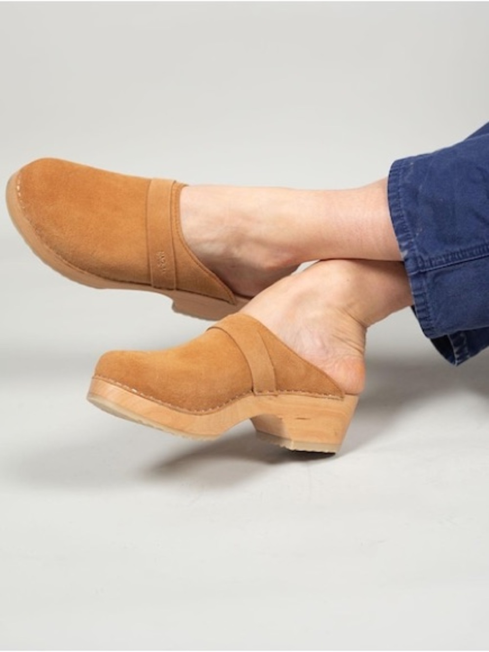 Maguba Authentic Swedish Clogs Suede Cognac Wood Heeled